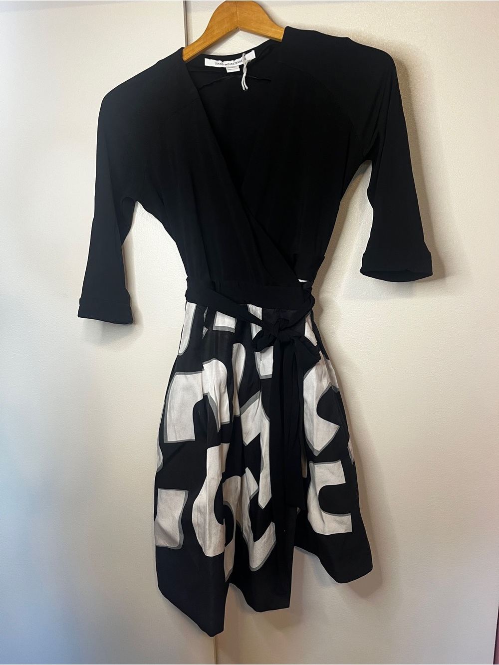 Diane Von Furstenberg Black Wrap Dress with White Graphic Skirt